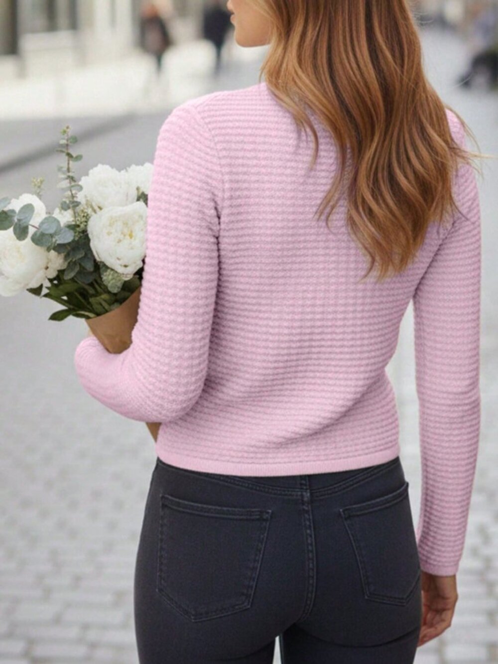 Pink Casual Women's Round Neck Button Pocket Knit Sweater - Picture 2 of 6